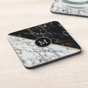 Trendy Black & White Marble Stone - Voeg uw brief  Bier Onderzetter