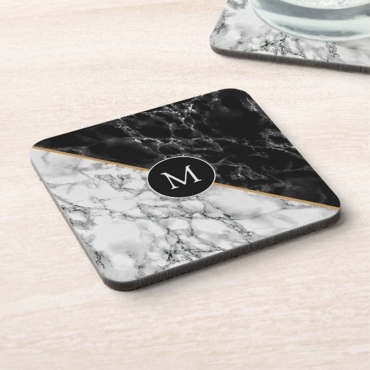 Trendy Black & White Marble Stone - Voeg uw brief  Bier Onderzetter (Linkerzijde)