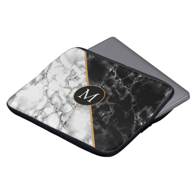 Trendy Black & White Marble Stone - Voeg uw brief  Laptop Sleeve (Voorkant top)