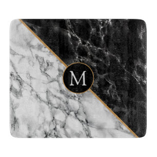 Trendy Black & White Marble Stone - Voeg uw brief  Snijplank