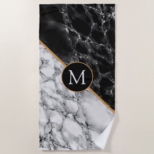 Trendy Black & White Marble Stone - Voeg uw brief  Strandlaken (Voorkant)