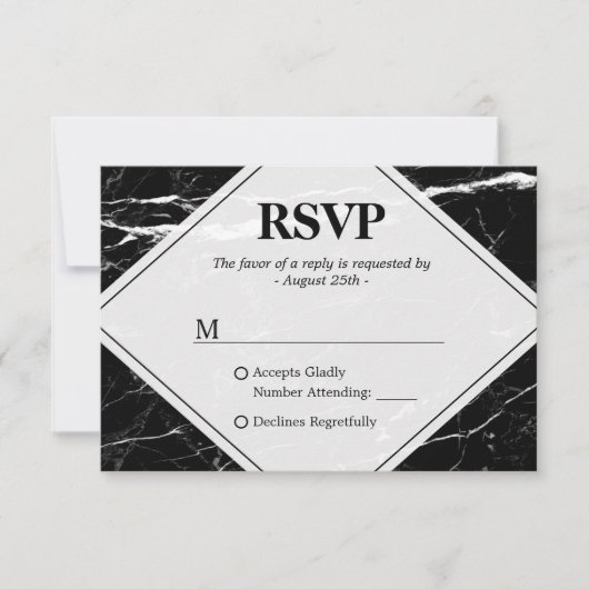 Trendy Black White Marble Wedding RSVP Kaartje (Voorkant)