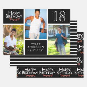Trendy Black White Photo Collage 18th Birthday Inpakpapier Vel