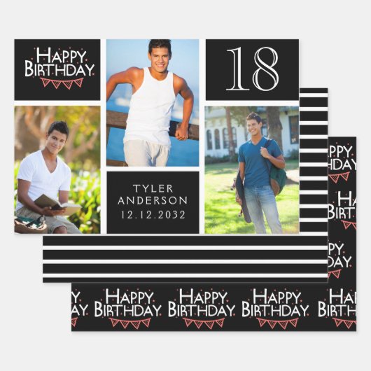 Trendy Black White Photo Collage 18th Birthday Inpakpapier Vel (Set)