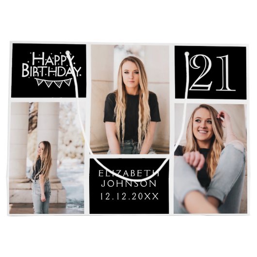 Trendy Black White Photo Collage 21st Birthday Groot Cadeauzakje (Achterkant)