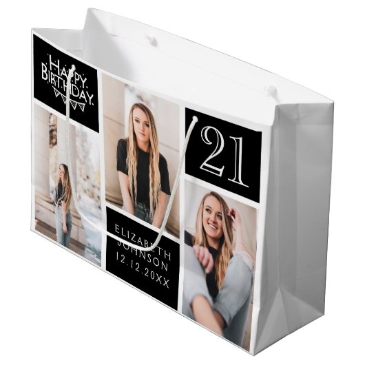 Trendy Black White Photo Collage 21st Birthday Groot Cadeauzakje (Voorkant Gekanteld)