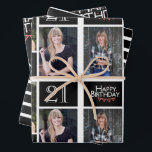Trendy Black White Photo Collage 21st Birthday Inpakpapier Vel<br><div class="desc">Verpak die cadeaus in stijl met dit gecoördineerde verjaardagspapierpakket. Het eerste vel is voorzien van een trendy fotocollage met ruimte voor drie foto's. U kunt de naam toevoegen van de persoon die zijn verjaardag viert, evenals zijn leeftijd en verjaardagsdatum. Het tweede vel is een coördinerende zwarte en witte streep. Het...</div>
