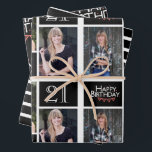 Trendy Black White Photo Collage 21st Birthday Inpakpapier Vel<br><div class="desc">Verpak die cadeaus in stijl met dit gecoördineerde verjaardagspapierpakket. Het eerste vel is voorzien van een trendy fotocollage met ruimte voor drie foto's. U kunt de naam toevoegen van de persoon die zijn verjaardag viert, evenals zijn leeftijd en verjaardagsdatum. Het tweede vel is een coördinerende zwarte en witte streep. Het...</div>