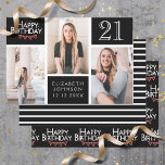 Trendy Black White Photo Collage 21st Birthday Inpakpapier Vel<br><div class="desc">Verpak die cadeaus in stijl met dit gecoördineerde verjaardagspapierpakket. Het eerste vel is voorzien van een trendy fotocollage met ruimte voor drie foto's. U kunt de naam toevoegen van de persoon die zijn verjaardag viert, evenals zijn leeftijd en verjaardagsdatum. Het tweede vel is een coördinerende zwarte en witte streep. Het...</div>