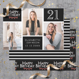 Trendy Black White Photo Collage 21st Birthday Inpakpapier Vel