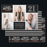 Trendy Black White Photo Collage 21st Birthday Inpakpapier Vel<br><div class="desc">Verpak die cadeaus in stijl met dit gecoördineerde verjaardagspapierpakket. Het eerste vel is voorzien van een trendy fotocollage met ruimte voor drie foto's. U kunt de naam toevoegen van de persoon die zijn verjaardag viert, evenals zijn leeftijd en verjaardagsdatum. Het tweede vel is een coördinerende zwarte en witte streep. Het...</div>