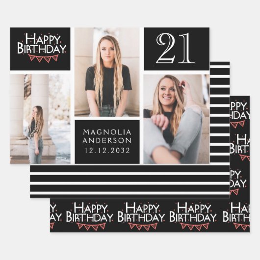 Trendy Black White Photo Collage 21st Birthday Inpakpapier Vel (Set)