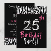 Trendy Black White roze Zebra 25th Birthday Kaart (Voorkant / Achterkant)