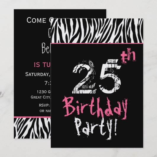 Trendy Black White roze Zebra 25th Birthday Kaart (Voorkant / Achterkant)