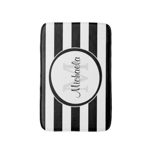 Trendy Black White Stripes met monogram en naam Badmat (Voorkant Verticaal)