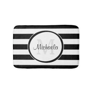 Trendy Black White Stripes met monogram en naam Badmat
