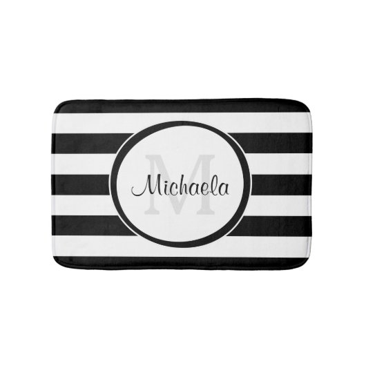 Trendy Black White Stripes met monogram en naam Badmat (Voorkant)