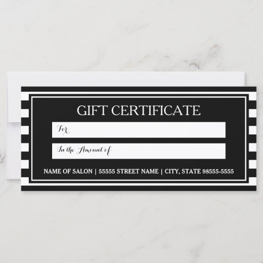 Trendy Black White Stripes Salon Gift Certificate (Voorkant)