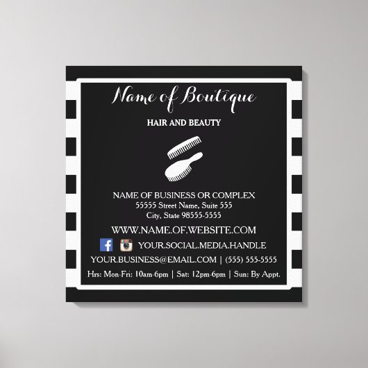 Trendy Black White Stripes Salon Information Sign Canvas Afdruk (Voorkant)