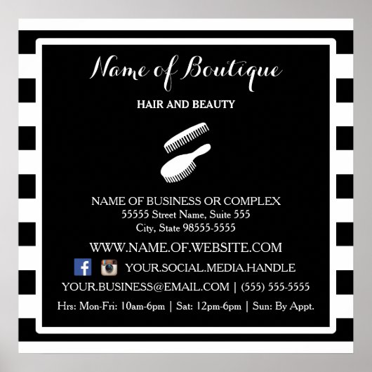 Trendy Black White Stripes Salon Information Sign Poster (Voorkant)