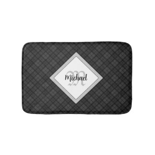 Trendy Black white tartan Personaliseer Monogram Badmat