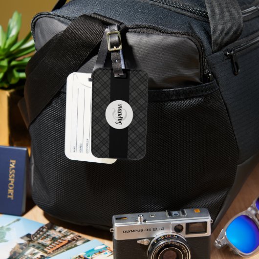 Trendy Black white tartan Personaliseer Monogram Bagagelabel (Voorkant & Achterkant)