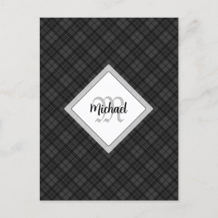 Trendy Black white tartan Personaliseer Monogram Briefkaart