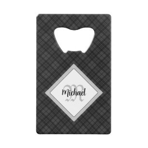 Trendy Black white tartan Personaliseer Monogram Creditkaart Flessenopener