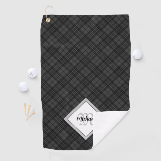 Trendy Black white tartan Personaliseer Monogram Golfhanddoek (Insitu)