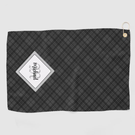 Trendy Black white tartan Personaliseer Monogram Golfhanddoek (Horizontaal)