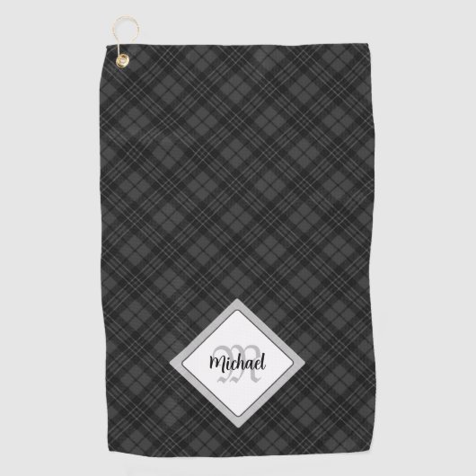 Trendy Black white tartan Personaliseer Monogram Golfhanddoek (Voorkant)