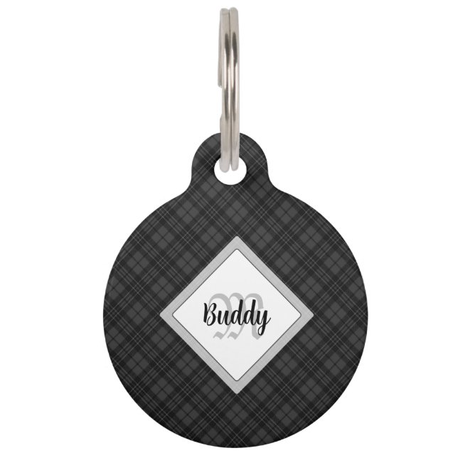 Trendy Black white tartan Personaliseer Monogram Huisdierpenning (Voorkant)