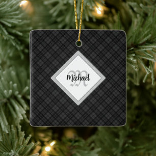 Trendy Black white tartan Personaliseer Monogram Keramisch Ornament