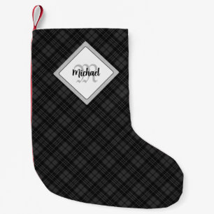 Trendy Black white tartan Personaliseer Monogram Kleine Kerstsok