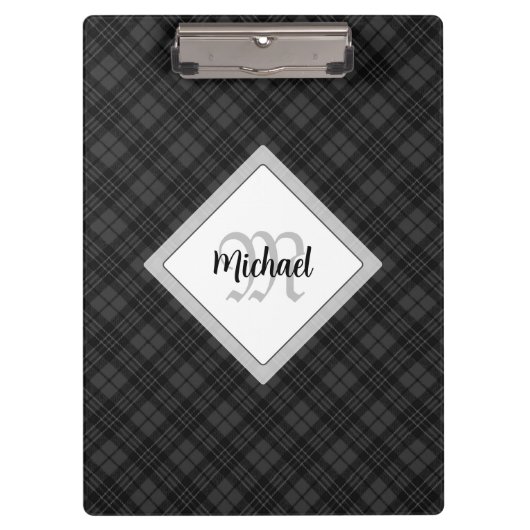 Trendy Black white tartan Personaliseer Monogram Klembord (Voorkant)