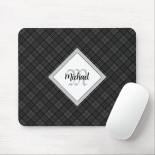 Trendy Black white tartan Personaliseer Monogram Muismat