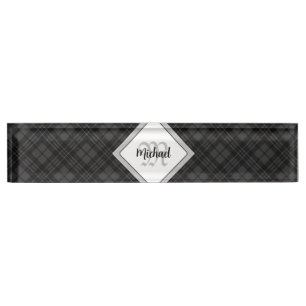 Trendy Black white tartan Personaliseer Monogram Naambordje