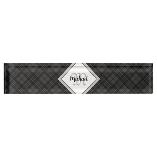 Trendy Black white tartan Personaliseer Monogram Naambordje (Voorkant)