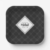 Trendy Black white tartan Personaliseer Monogram Papieren Bordje (Voorkant)
