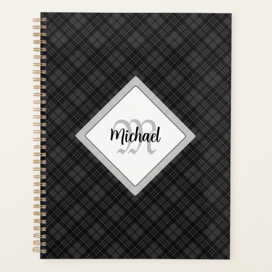 Trendy Black white tartan Personaliseer Monogram Planner (Voorkant)