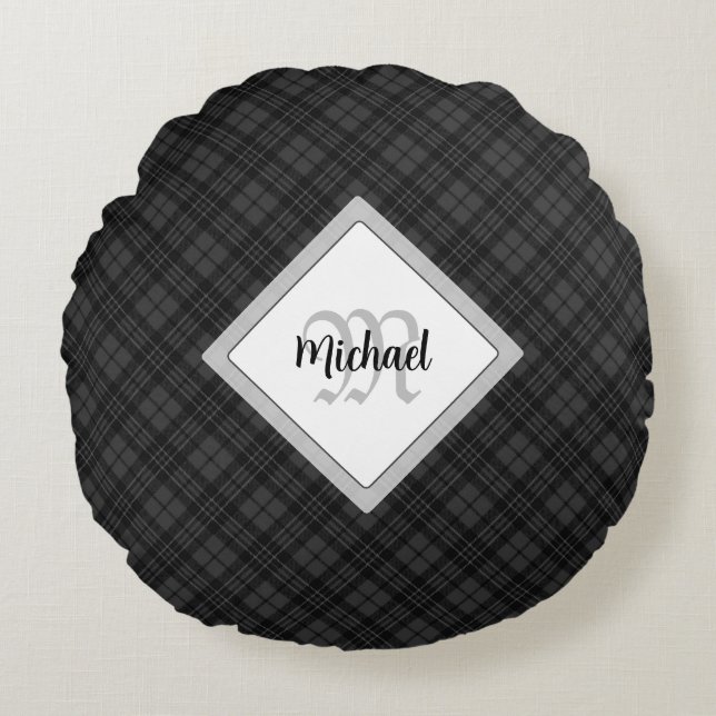 Trendy Black white tartan Personaliseer Monogram Rond Kussen (Voorkant)