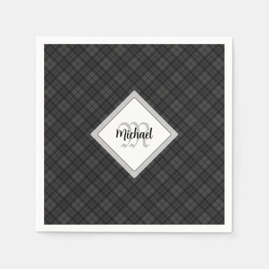 Trendy Black white tartan Personaliseer Monogram Servet (Voorkant)