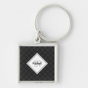 Trendy Black white tartan Personaliseer Monogram Sleutelhanger