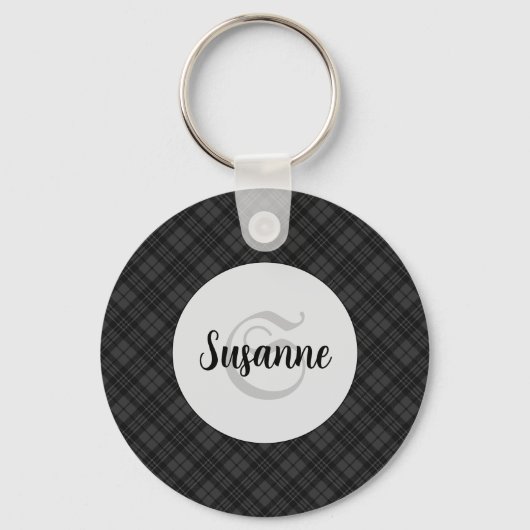 Trendy Black white tartan Personaliseer Monogram Sleutelhanger (Voorkant)