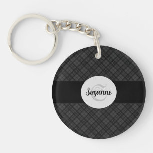 Trendy Black white tartan Personaliseer Monogram Sleutelhanger