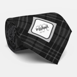 Trendy Black white tartan Personaliseer Monogram Stropdas