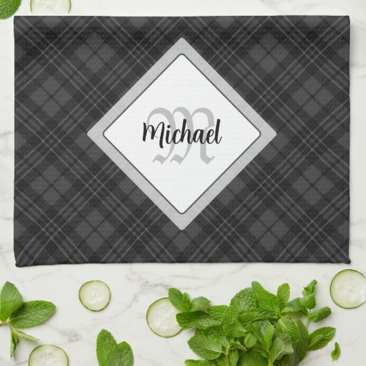Trendy Black white tartan Personaliseer Monogram Theedoek (Gevouwen)
