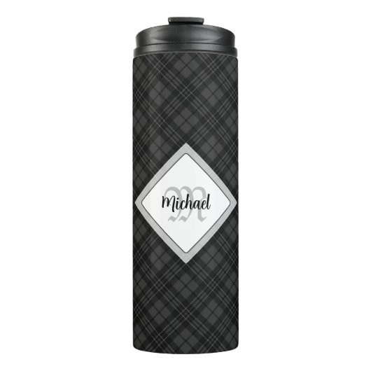 Trendy Black white tartan Personaliseer Monogram Thermosbeker (Voorkant)