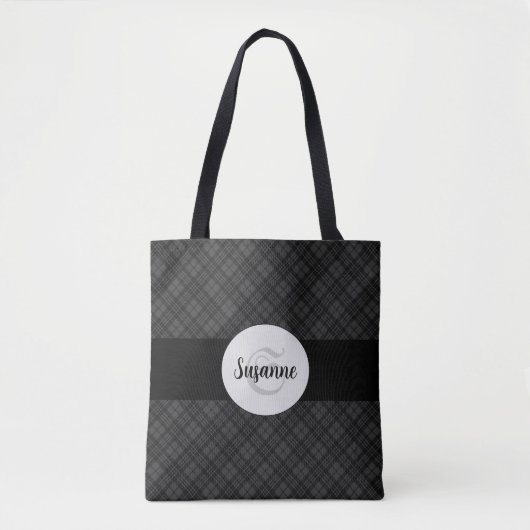 Trendy Black white tartan Personaliseer Monogram Tote Bag (Voorkant)