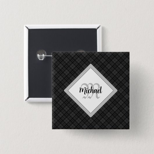 Trendy Black white tartan Personaliseer Monogram Vierkante Button 5,1 Cm (Voorkant /achterkant)